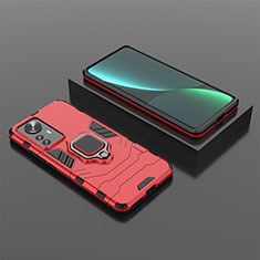 Silicone Matte Finish and Plastic Back Cover Case with Magnetic Finger Ring Stand S04 for Xiaomi Mi 12 5G Red