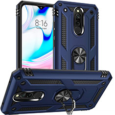 Silicone Matte Finish and Plastic Back Cover Case with Magnetic Finger Ring Stand S04 for Xiaomi Redmi 8 Blue