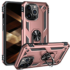 Silicone Matte Finish and Plastic Back Cover Case with Magnetic Finger Ring Stand S05 for Apple iPhone 15 Pro Rose Gold