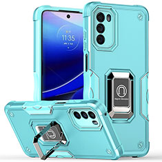 Silicone Matte Finish and Plastic Back Cover Case with Magnetic Finger Ring Stand S05 for Motorola Moto G 5G (2022) Cyan
