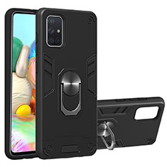 Silicone Matte Finish and Plastic Back Cover Case with Magnetic Finger Ring Stand S05 for Samsung Galaxy A71 5G Black