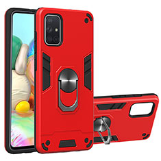 Silicone Matte Finish and Plastic Back Cover Case with Magnetic Finger Ring Stand S05 for Samsung Galaxy A71 5G Red