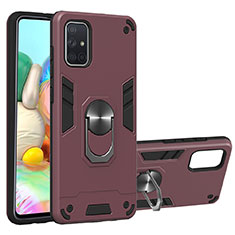 Silicone Matte Finish and Plastic Back Cover Case with Magnetic Finger Ring Stand S05 for Samsung Galaxy A71 5G Red Wine