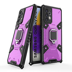 Silicone Matte Finish and Plastic Back Cover Case with Magnetic Finger Ring Stand S05 for Samsung Galaxy A72 5G Purple