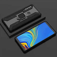Silicone Matte Finish and Plastic Back Cover Case with Magnetic Finger Ring Stand S05 for Samsung Galaxy A9 (2018) A920 Black