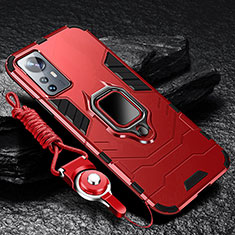 Silicone Matte Finish and Plastic Back Cover Case with Magnetic Finger Ring Stand S05 for Xiaomi Mi 12S 5G Red