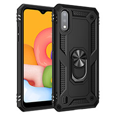 Silicone Matte Finish and Plastic Back Cover Case with Magnetic Finger Ring Stand S06 for Samsung Galaxy A01 SM-A015 Black