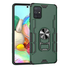 Silicone Matte Finish and Plastic Back Cover Case with Magnetic Finger Ring Stand S06 for Samsung Galaxy A71 5G Green