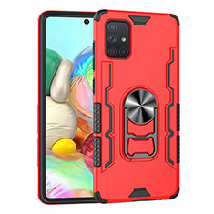 Silicone Matte Finish and Plastic Back Cover Case with Magnetic Finger Ring Stand S06 for Samsung Galaxy A71 5G Red