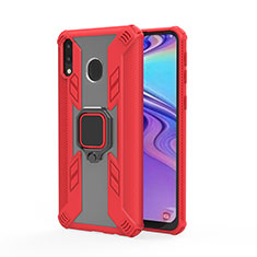 Silicone Matte Finish and Plastic Back Cover Case with Magnetic Finger Ring Stand S06 for Samsung Galaxy M20 Red