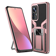 Silicone Matte Finish and Plastic Back Cover Case with Magnetic Finger Ring Stand S06 for Xiaomi Mi 12S Pro 5G Rose Gold
