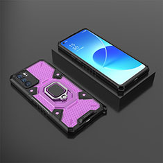 Silicone Matte Finish and Plastic Back Cover Case with Magnetic Finger Ring Stand S07 for Oppo Reno6 5G Purple