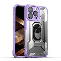 Silicone Matte Finish and Plastic Back Cover Case with Magnetic Finger Ring Stand S08 for Apple iPhone 14 Pro Purple