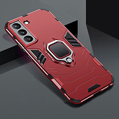 Silicone Matte Finish and Plastic Back Cover Case with Magnetic Finger Ring Stand S08 for Samsung Galaxy S21 FE 5G Red