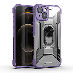 Silicone Matte Finish and Plastic Back Cover Case with Magnetic Finger Ring Stand S09 for Apple iPhone 13 Mini Purple