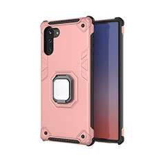 Silicone Matte Finish and Plastic Back Cover Case with Magnetic Finger Ring Stand T01 for Samsung Galaxy Note 10 5G Rose Gold