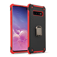 Silicone Matte Finish and Plastic Back Cover Case with Magnetic Finger Ring Stand T01 for Samsung Galaxy S10 5G Red and Black