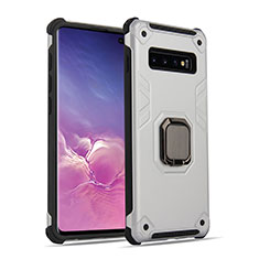 Silicone Matte Finish and Plastic Back Cover Case with Magnetic Finger Ring Stand T01 for Samsung Galaxy S10 5G Silver
