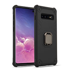 Silicone Matte Finish and Plastic Back Cover Case with Magnetic Finger Ring Stand T01 for Samsung Galaxy S10 Black