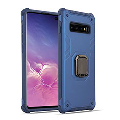Silicone Matte Finish and Plastic Back Cover Case with Magnetic Finger Ring Stand T01 for Samsung Galaxy S10 Blue