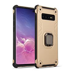 Silicone Matte Finish and Plastic Back Cover Case with Magnetic Finger Ring Stand T01 for Samsung Galaxy S10 Gold and Black
