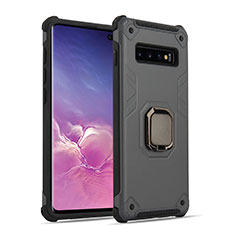 Silicone Matte Finish and Plastic Back Cover Case with Magnetic Finger Ring Stand T01 for Samsung Galaxy S10 Gray