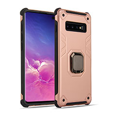 Silicone Matte Finish and Plastic Back Cover Case with Magnetic Finger Ring Stand T01 for Samsung Galaxy S10 Plus Rose Gold