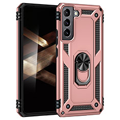 Silicone Matte Finish and Plastic Back Cover Case with Magnetic Finger Ring Stand T02 for Samsung Galaxy S24 5G Rose Gold