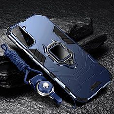 Silicone Matte Finish and Plastic Back Cover Case with Magnetic Finger Ring Stand T06 for Samsung Galaxy S21 5G Blue