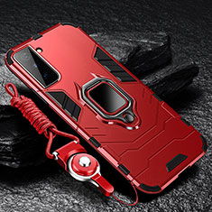 Silicone Matte Finish and Plastic Back Cover Case with Magnetic Finger Ring Stand T06 for Samsung Galaxy S21 5G Red