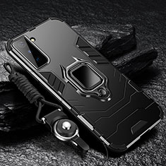 Silicone Matte Finish and Plastic Back Cover Case with Magnetic Finger Ring Stand T06 for Samsung Galaxy S22 5G Black
