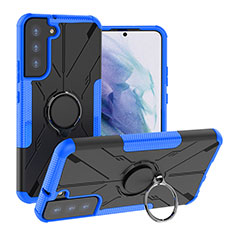 Silicone Matte Finish and Plastic Back Cover Case with Magnetic Finger Ring Stand T08 for Samsung Galaxy S21 5G Blue