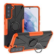 Silicone Matte Finish and Plastic Back Cover Case with Magnetic Finger Ring Stand T08 for Samsung Galaxy S21 FE 5G Orange