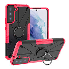 Silicone Matte Finish and Plastic Back Cover Case with Magnetic Finger Ring Stand T08 for Samsung Galaxy S21 Plus 5G Hot Pink