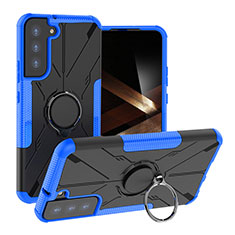 Silicone Matte Finish and Plastic Back Cover Case with Magnetic Finger Ring Stand T08 for Samsung Galaxy S24 5G Blue