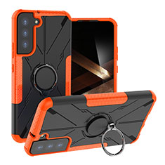 Silicone Matte Finish and Plastic Back Cover Case with Magnetic Finger Ring Stand T08 for Samsung Galaxy S24 5G Orange