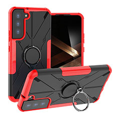 Silicone Matte Finish and Plastic Back Cover Case with Magnetic Finger Ring Stand T08 for Samsung Galaxy S24 5G Red