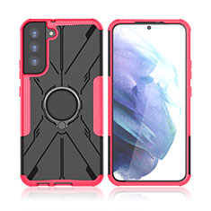 Silicone Matte Finish and Plastic Back Cover Case with Magnetic Finger Ring Stand T09 for Samsung Galaxy S21 FE 5G Hot Pink