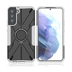 Silicone Matte Finish and Plastic Back Cover Case with Magnetic Finger Ring Stand T09 for Samsung Galaxy S21 Plus 5G Gray