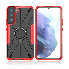 Silicone Matte Finish and Plastic Back Cover Case with Magnetic Finger Ring Stand T09 for Samsung Galaxy S21 Plus 5G Red