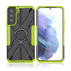 Silicone Matte Finish and Plastic Back Cover Case with Magnetic Finger Ring Stand T09 for Samsung Galaxy S22 5G Green