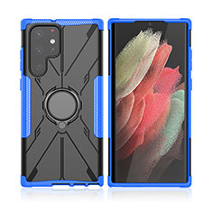 Silicone Matte Finish and Plastic Back Cover Case with Magnetic Finger Ring Stand T09 for Samsung Galaxy S22 Ultra 5G Blue