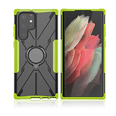 Silicone Matte Finish and Plastic Back Cover Case with Magnetic Finger Ring Stand T09 for Samsung Galaxy S22 Ultra 5G Green