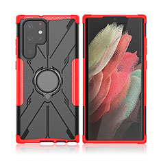 Silicone Matte Finish and Plastic Back Cover Case with Magnetic Finger Ring Stand T09 for Samsung Galaxy S22 Ultra 5G Red
