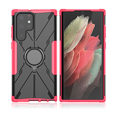 Silicone Matte Finish and Plastic Back Cover Case with Magnetic Finger Ring Stand T09 for Samsung Galaxy S23 Ultra 5G Hot Pink
