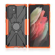 Silicone Matte Finish and Plastic Back Cover Case with Magnetic Finger Ring Stand T09 for Samsung Galaxy S23 Ultra 5G Orange