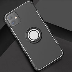 Silicone Matte Finish and Plastic Back Cover Case with Magnetic Finger Ring Stand Y01 for Apple iPhone 11 Black