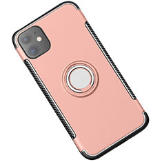 Silicone Matte Finish and Plastic Back Cover Case with Magnetic Finger Ring Stand Y01 for Apple iPhone 11 Rose Gold