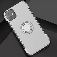 Silicone Matte Finish and Plastic Back Cover Case with Magnetic Finger Ring Stand Y01 for Apple iPhone 11 Silver