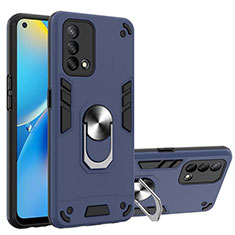 Silicone Matte Finish and Plastic Back Cover Case with Magnetic Finger Ring Stand Y01B for Oppo A74 4G Blue